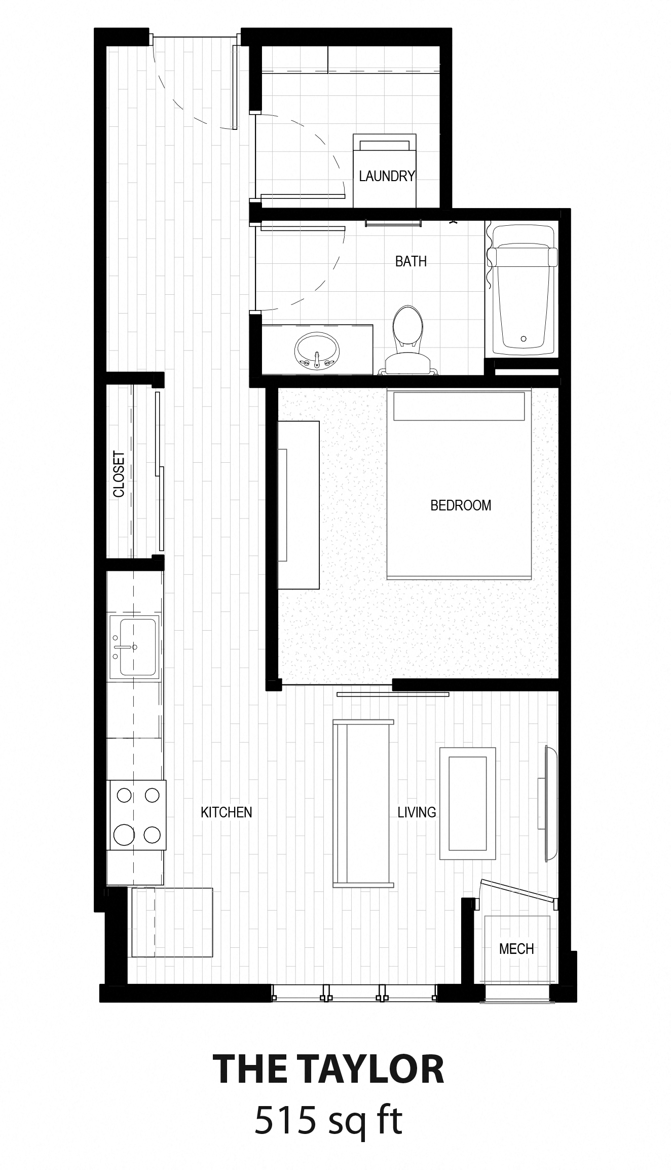 Floor plan for studio, 1 bath, 515 sqft
